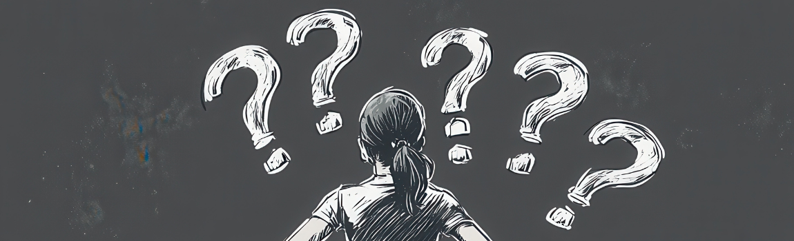 illustration of back of woman and question marks