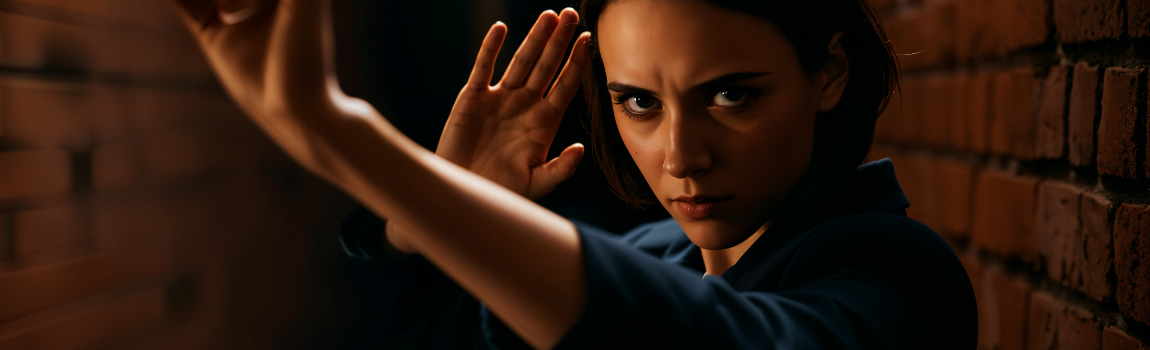 woman standing in alley with arms up in confidence